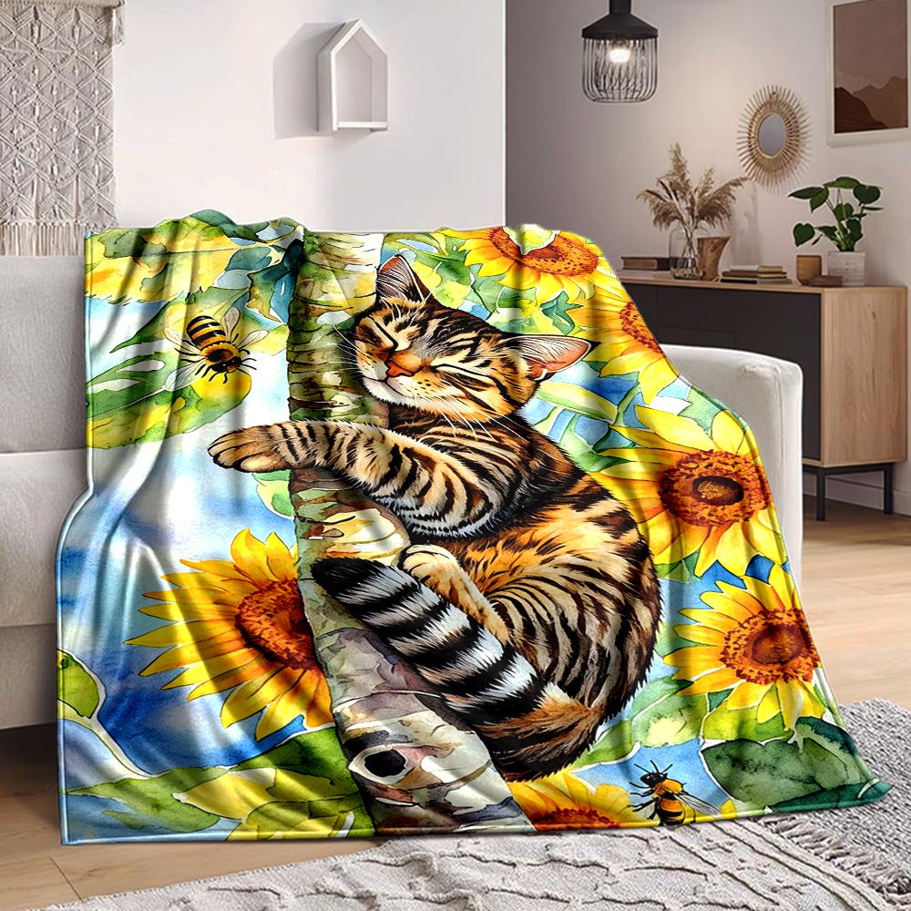 1Pc Cat Bee Sunflowers Blanket Soft And Comfortable Casual Warm Camping Travel Christmas Halloween Xmas Gift M928227