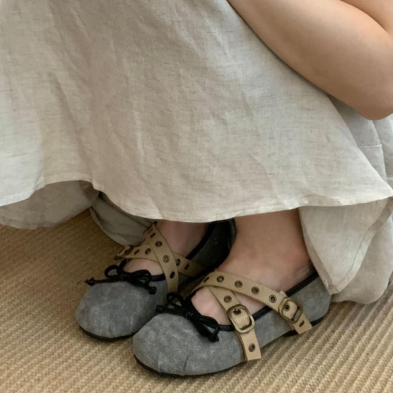 Fashion Women's Ballet Shoes 2025 High Quality Denim Mary Janes Fashion Bow Cross Tied Buckle Designer Flats Comfy Soft Sole Women Shoes