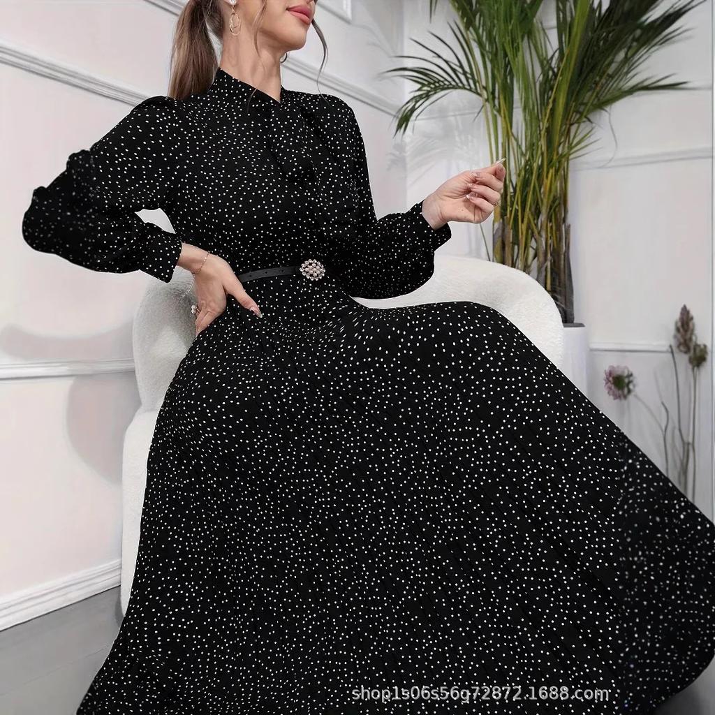 Women's Long Sleeve Pleated Dress Full Polka Dot Print Necktie Ankle-Length Skirt Without Belt Fashion