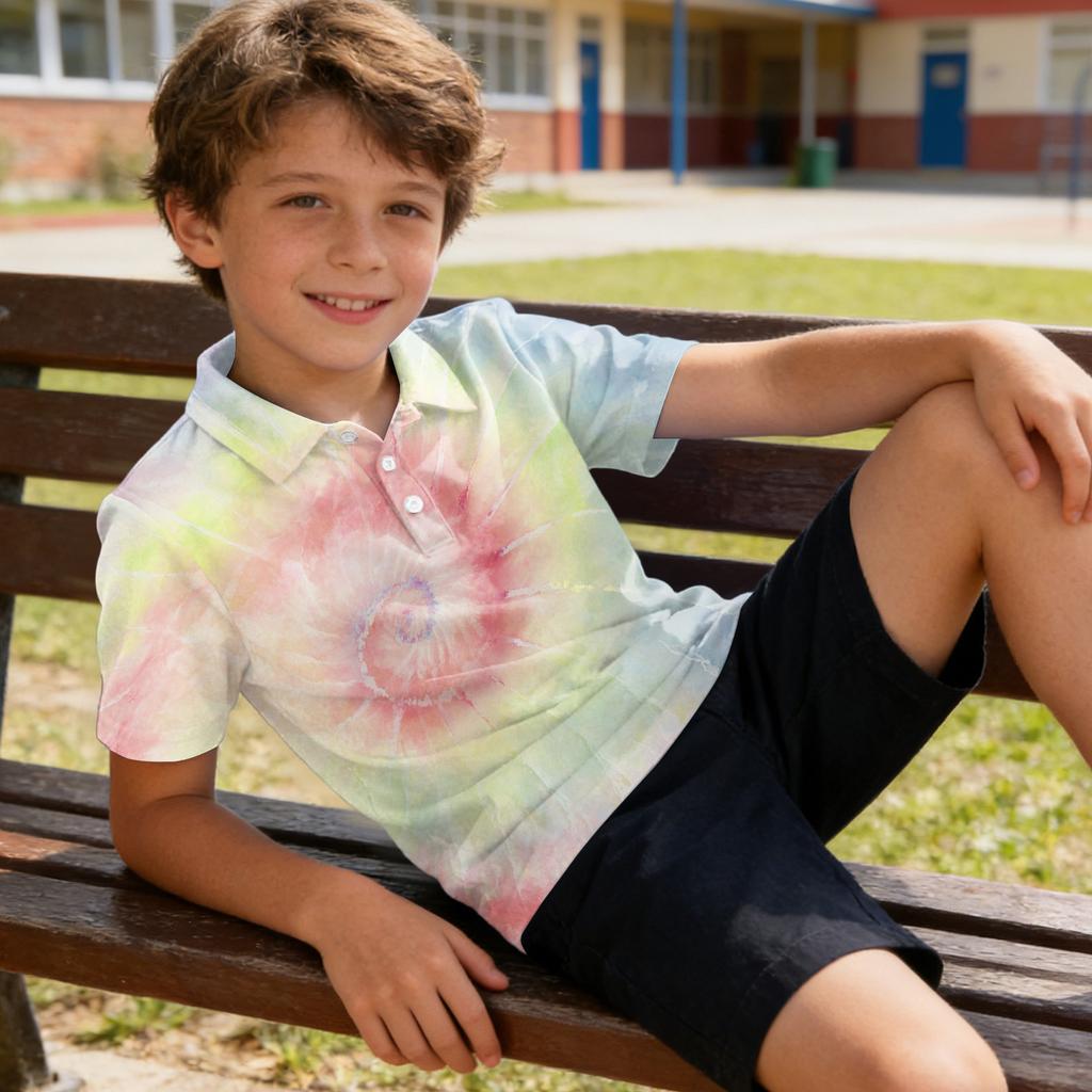 Kids Polo Shirt Short Sleeve Tie Dye Pattern Quick Dry Collared Top Lightweight Breathable Fabric Summer Casual Tee for Boys Girls