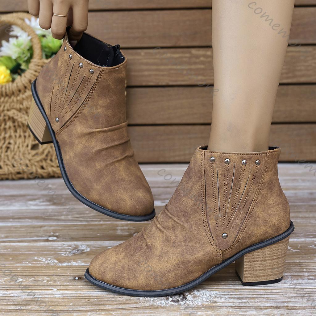 Fashion Comemore Frühling Herbst Neue Damen Schuhe Einfarbig Stiefeletten für Damen Lässig Wildleder Klobige Hohe Absätze Weibliche Kurze Botines