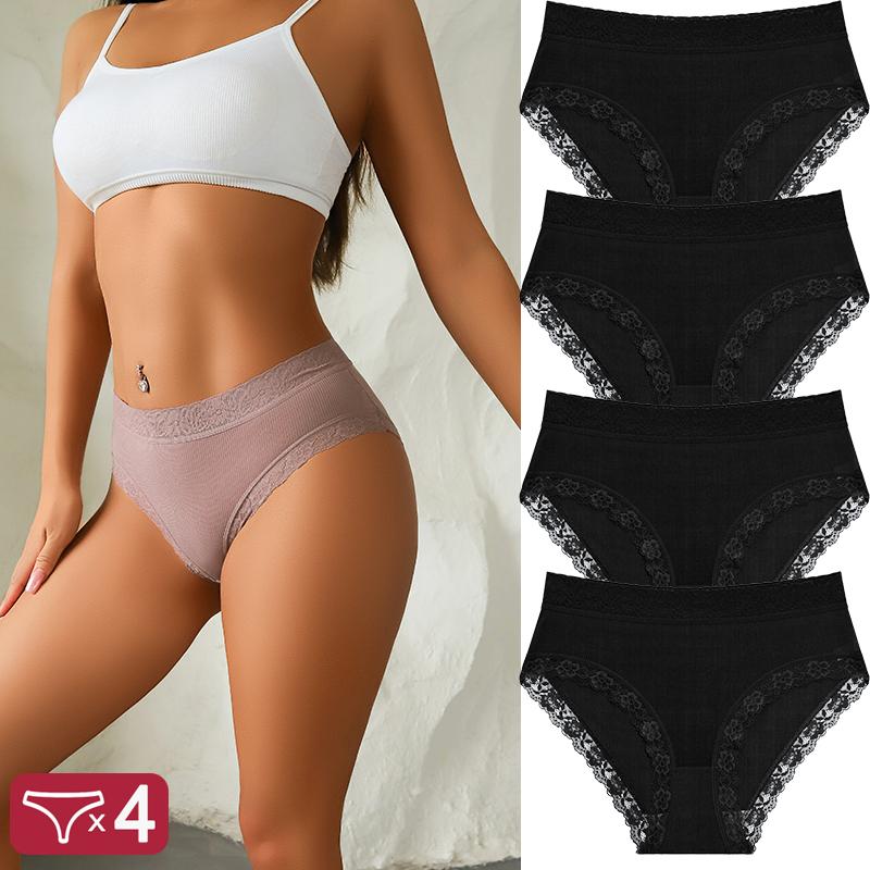 FINETOO 4Pcs Lace Plus Size Underwears Women's Sexy Panties High Quality Striped Briefs Girls Solid Sports Comfortable Lingerie