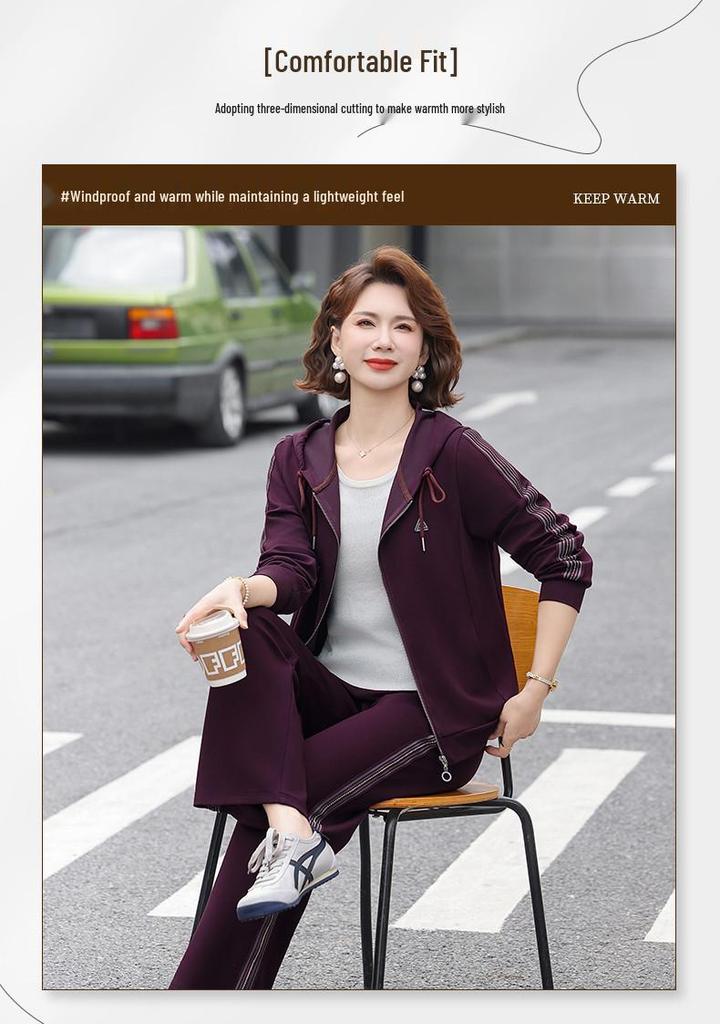 Mom's Spring & Autumn 2026 Women's Casual Hooded Two-Piece Sportswear Set - Ideal for Middle-aged and Elderly