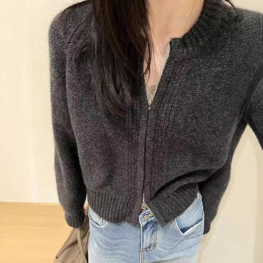 2025 Autumn Winter Pure Wool Double Zipper Women's Round Neck Fluffy Loose Knit Sweater