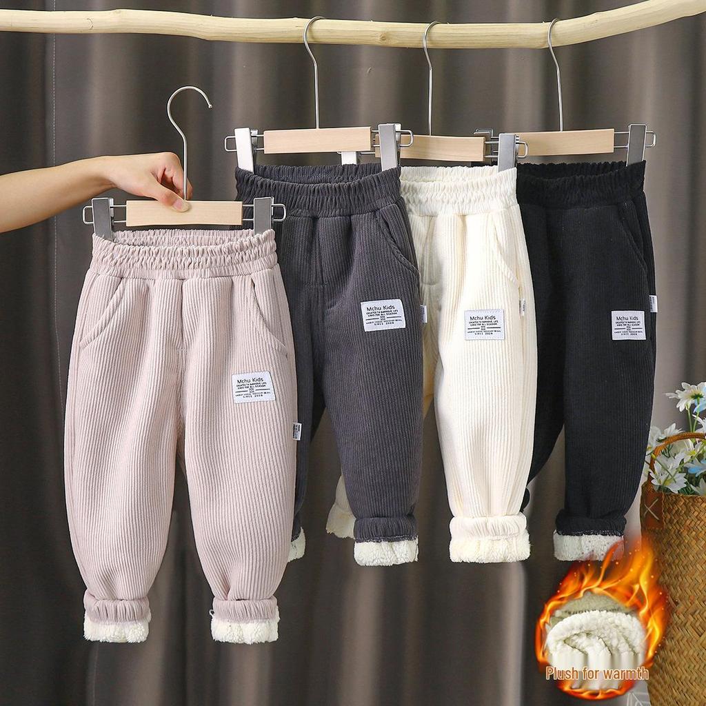 Kids' Fleece-Lined Cotton Velvet Pants - Autumn/Winter Style, Thick & Warm for Boys & Girls