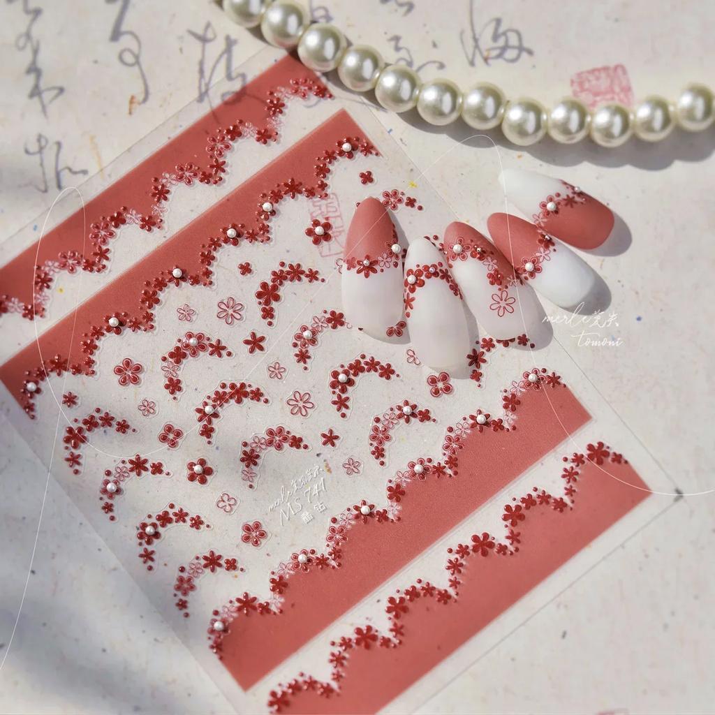 Cherry Blossom Pink Flower Sakura Spring 5D Nail Art Sticker Gold Stamping Soft Adhesive Relief Adhesive Chic Manicure Decals