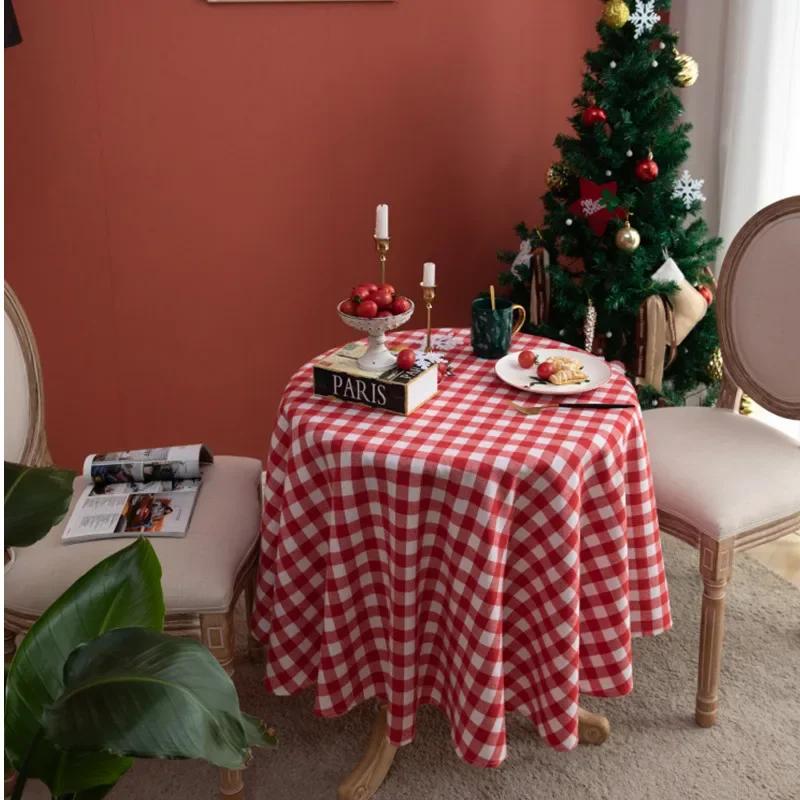 

1pc Round Red White Gingham Table Cloth Checkered Tablecloth Cover for Picnic Kitchen Dining Holiday Birthday Christmas Party Round 90CM червоний