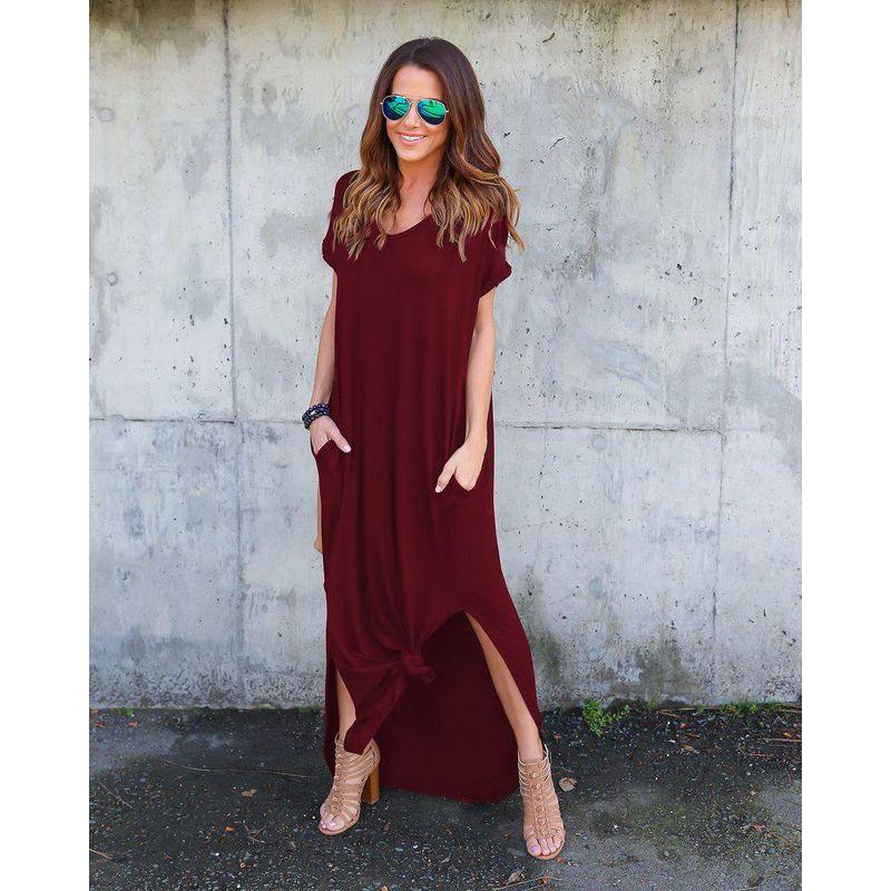 

European and American Long dress Summer V-neck Pocket Split Dress Simple Vest Skirts Burgundy L