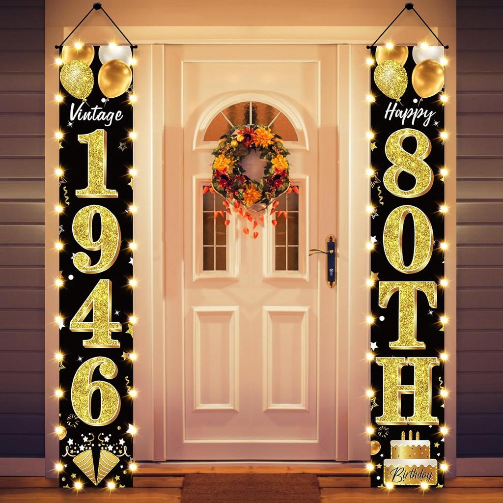 50th Birthday Party Banner Lighted Decorations for Men and Women - Black Gold Vintage 1976 50th Birthday Door Banners with LED Light, Fifty Years