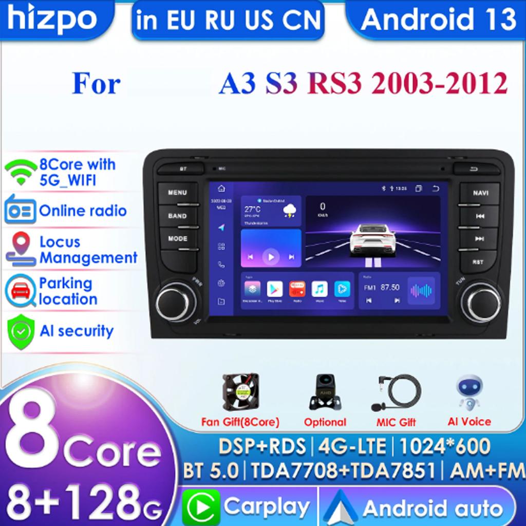 Hizpo 8Core DSP Car Multimedia Player for RS3 Sportback A3 8P S3 2003-2013 Carplay 4G Autoradio RDS GPS BT 4G-LTE WiFi AI  Intelligent Navigation
