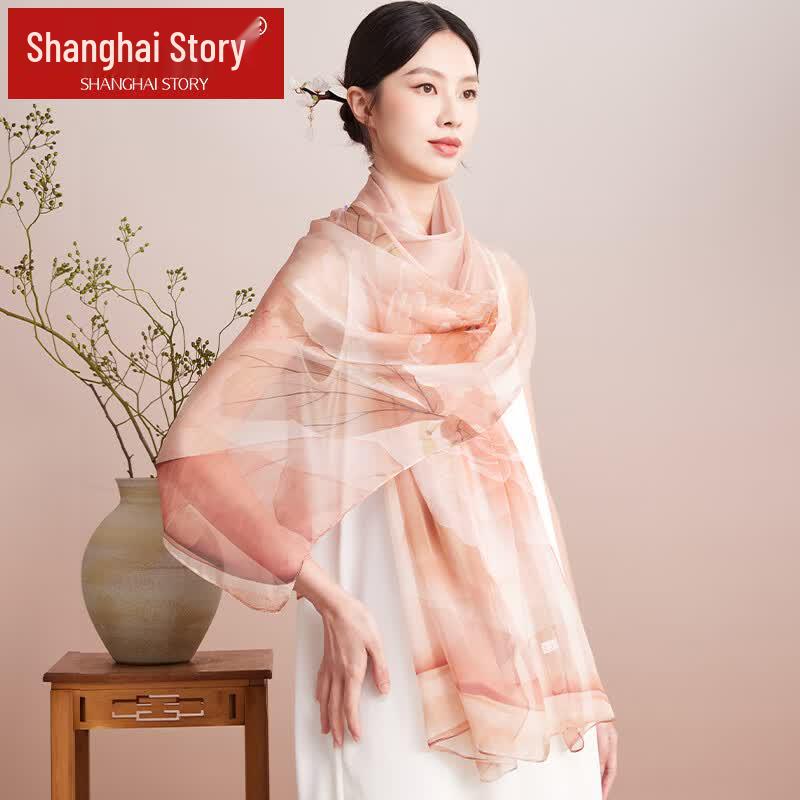 Shanghai Story Women's Mulberry Silk Chiffon Printed Long Scarf