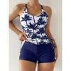 Mörkblått set med palmtryck, tvådelat tankini med racerback, sidoband och underdel