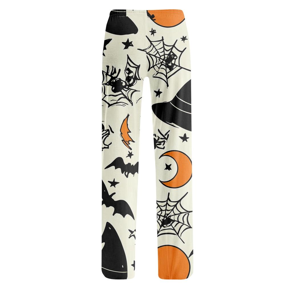 Damen Halloween Print Kordelzug Hose Lässige Lockere Passform Lounge Hose Weicher Leichter Stoff Volle Länge Pyjamahose für den Alltag