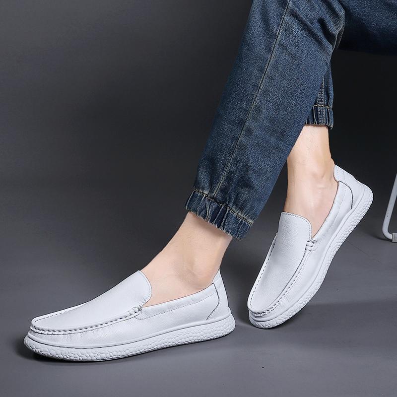 White Shoes Mens Flat Bottomed Loafers Boat Shoes Soft Soled Driving Non Slip Casual Genuine Leather New One Step Casual