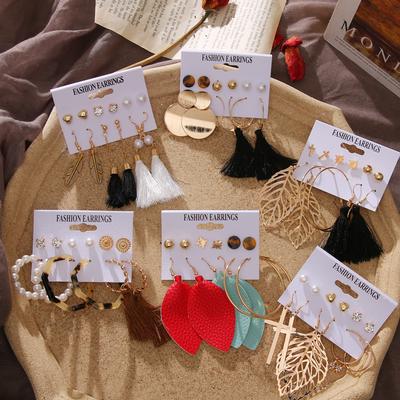 Vintage Long Tassel Leopard Acrylic Resin Drop Earrings Set Women Bohemian Leaves Star Circle Dangle Earring Fashion Jewelry