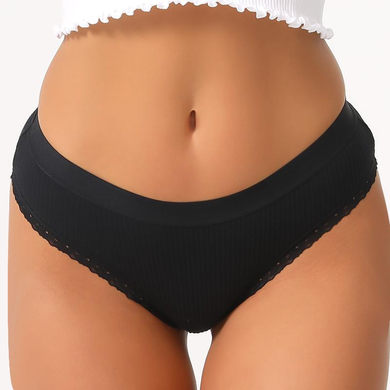 New Arrival Pure Cotton Women's Thong Underwear Low-Rise Sensual Briefs Ribbed Lace Trim