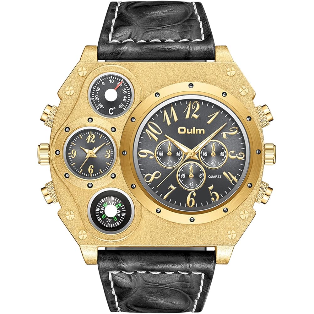 Men s Dual Time Leather Band Sports Watch Waterproof Simple Casual Business Gold Black