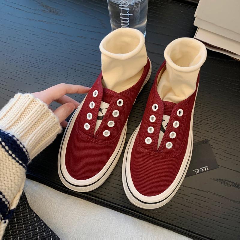 Sheepskin one-pedal round head muffin thick-soled versatile board shoes canvas shoes spring and autumn color matching casual shoes