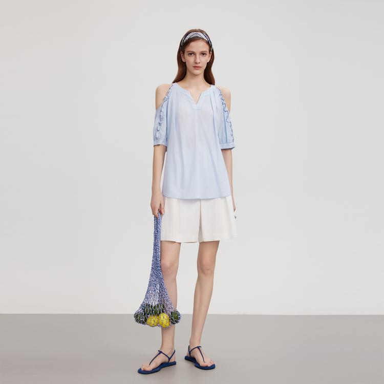 ELLE Chic Color Block French Off-Shoulder Ruffled Short Sleeve Shirt Women tops EM51791