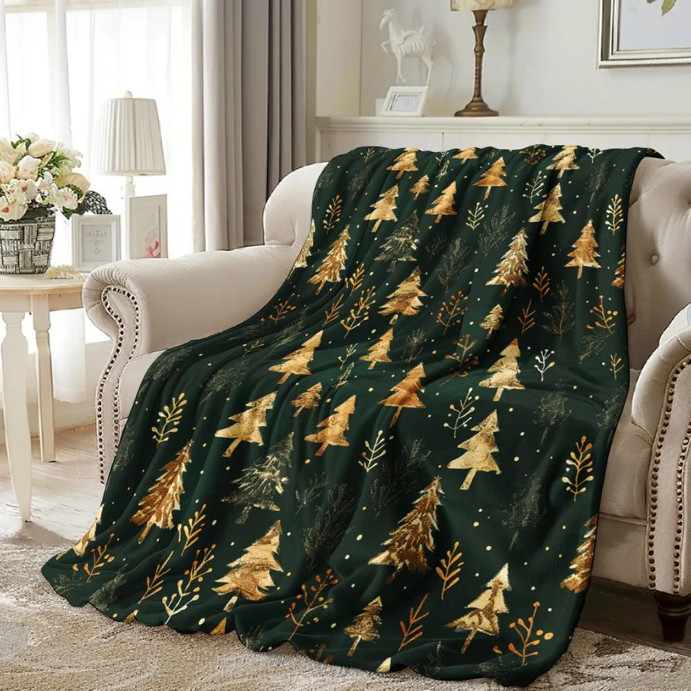Christmas Elements 1pc, Vintage Golden Texture, Cedar, Snowflakes Christmas Tree, Christmas, Print Blanket Soft and Warm Blanket