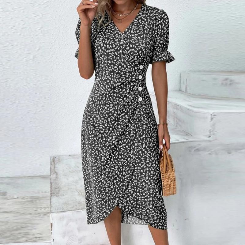 Vestito da ufficio vintage slim boho elegante con stampa floreale, maniche a sbuffo, abito da festa da donna, scollo a V, bottoni drappeggiati, irregolare, a trapezio