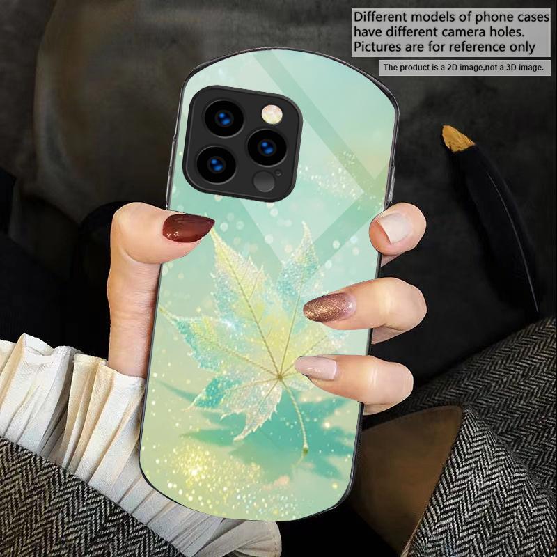 Green Maple Leaf Texture For iPhone 17 16 15 14 Pro 13 Plus 12 mini 11 Pro Max XR X S 7 8 Elliptical Tempered Glass Phone Case