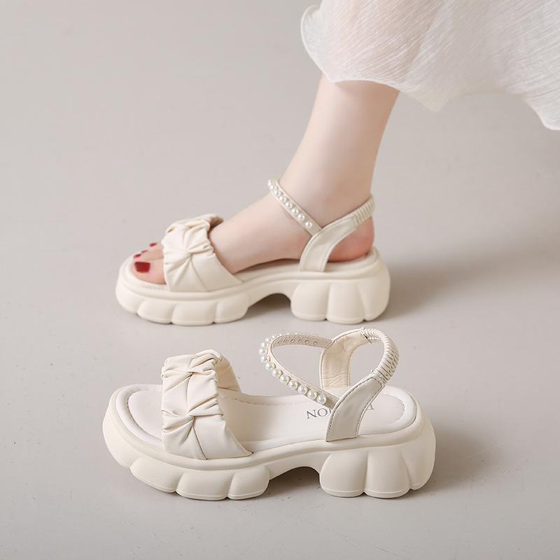 Sandals Popular 2025 New Summer Fairy Wind Pearl Pleated Beach Platform Casual with Skirt Platform Sandals