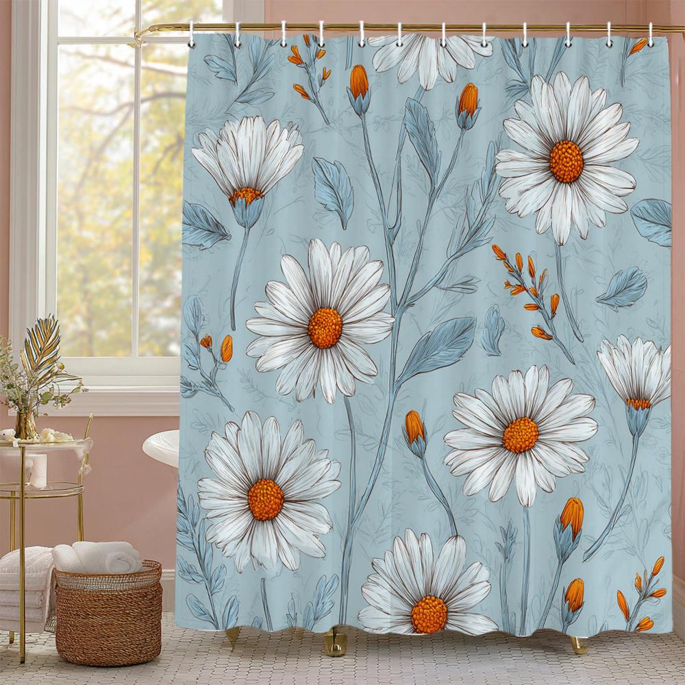 White Daisy Flowers Shower Curtain, Floral Art Bathroom Decorative Shower Curtain, Printed Polyester Fabric Curtain with Hooks
