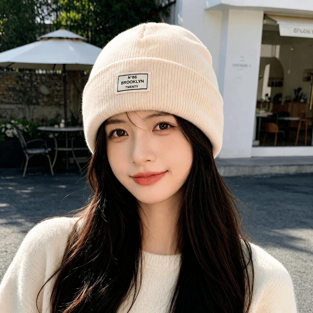 Letter Patch Pullover Cap Solid Color Crochet Hats Fashion Knitted Hat  Men