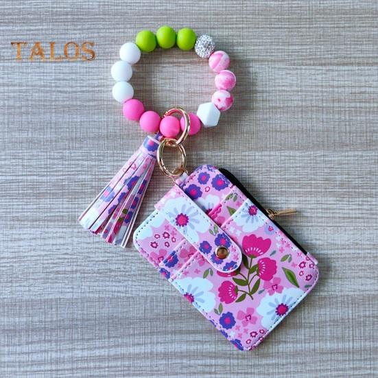 Ladies Floral Wristlet Wallet Boho Style Coin Purse Keychain with Tassel Elastic Beaded Wristlet Wallet with ID Card Window for Shopping Travel Daily