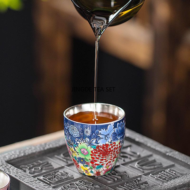 Taza de té de plata pura esmaltada taza de maestro de Kung Fu juego de té creativo de lujo ligero de alta gama chino regalo