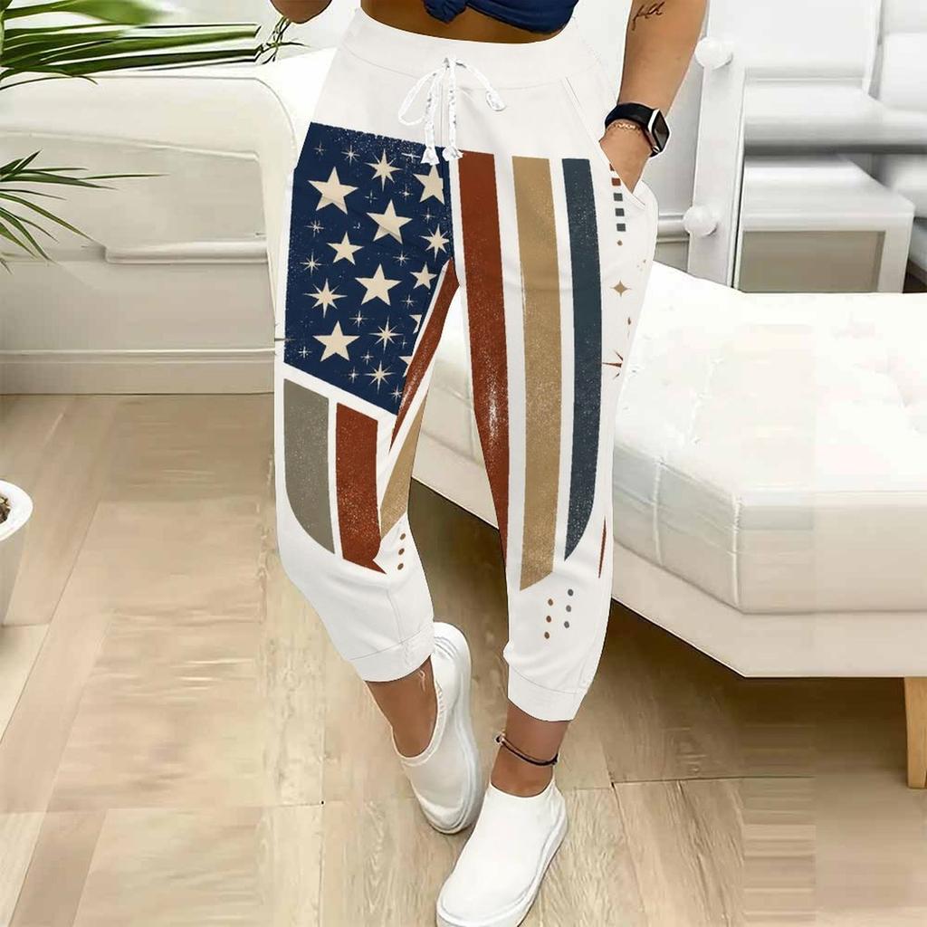 Women Plus Size White Star Stripe Printed Jogger Pants Drawstring Waist Side Pockets Cuffed Ankle