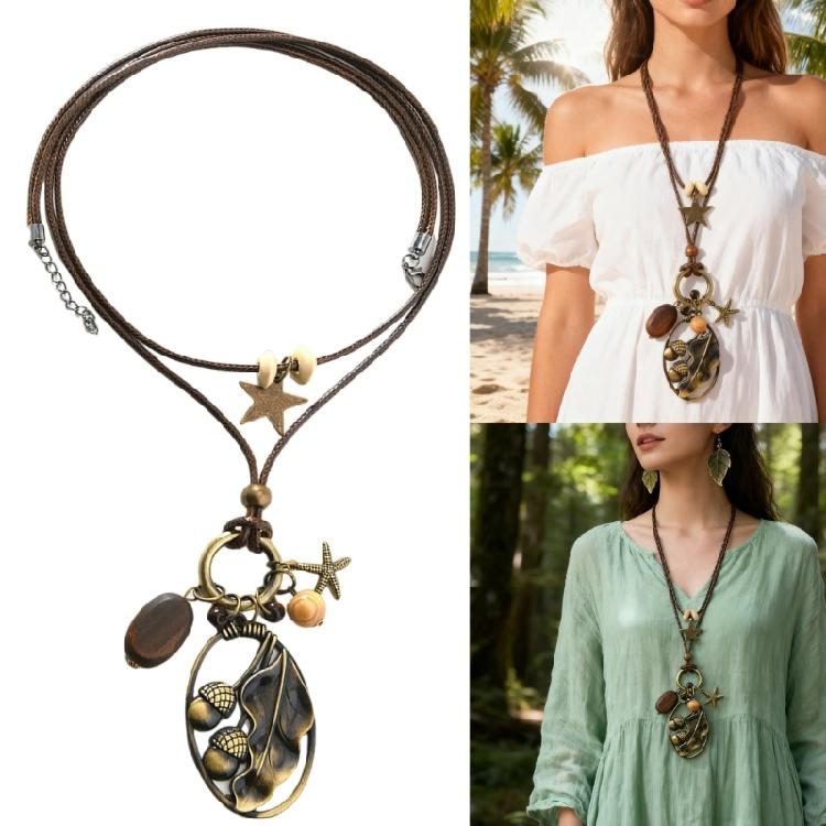 Adjustable Tribal Necklace With Alloy Pendant Waxed Cord Chain And Wood Beads Artistics Jewelry Accessory