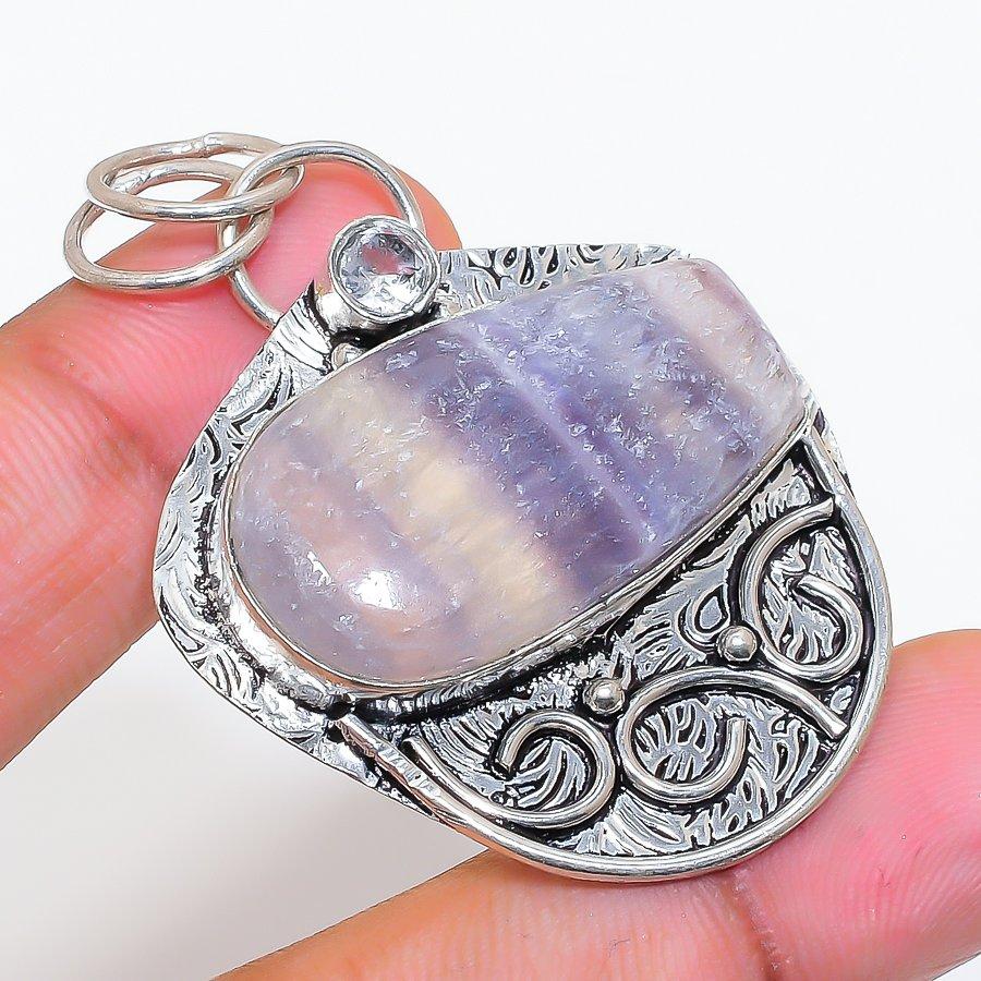 Natural Fluorite, Topaz Gemstone 925 Sterling Silver Jewelry Pendant 2.09" ZS-120