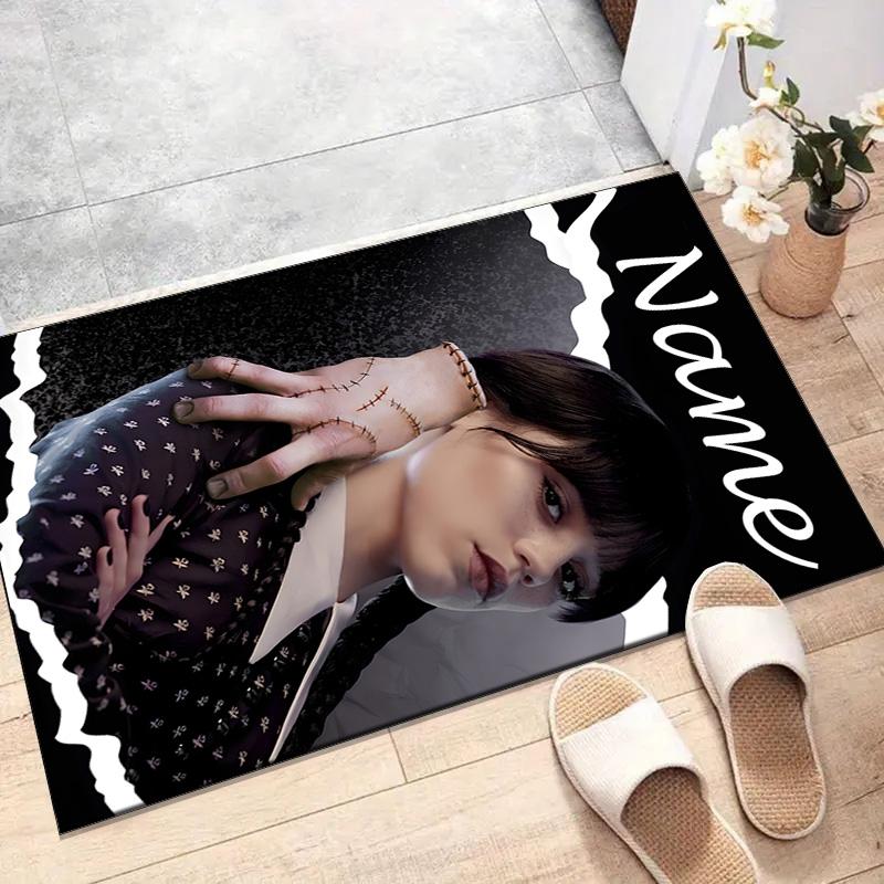 Custom Addams Family Wednesday Mat Personalized Name, Polyester Washable Indoor Entryway Rug, Gift for Christmas, Easter, Thanksgiving Day