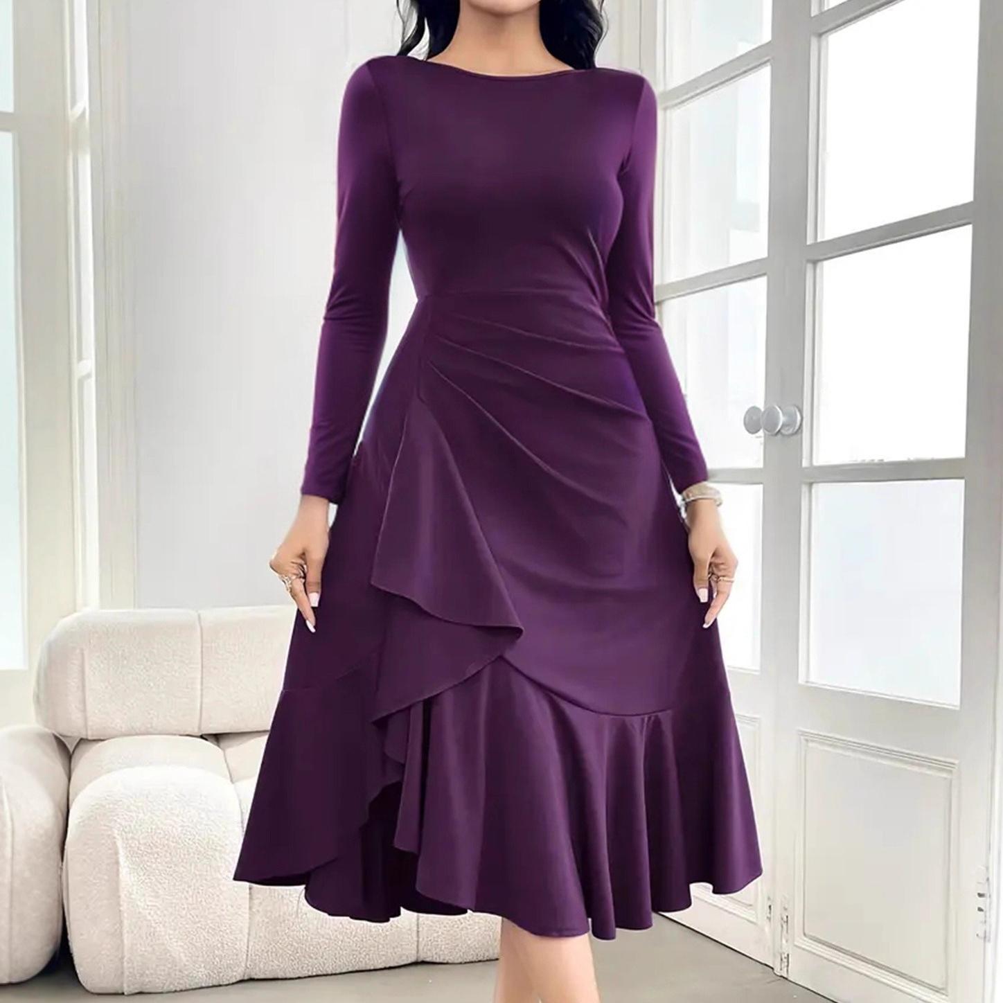 

осень зима элегантное однотонное свободное макси-платье круглый вырез длинный рукав оборки А-силуэт вечерние платья для женщин одежда фиолетовый vestidos L