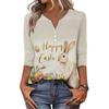 Camiseta de Manga Tres Cuartos con Botones y Cuello en V, Estampado de Conejo y Huevo de Pascua, Moderna y Casual para Mujer