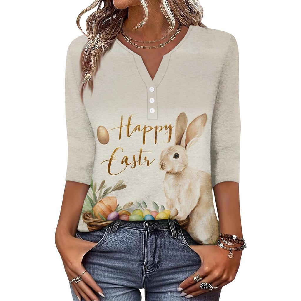 Camiseta de Manga Tres Cuartos con Botones y Cuello en V, Estampado de Conejo y Huevo de Pascua, Moderna y Casual para Mujer