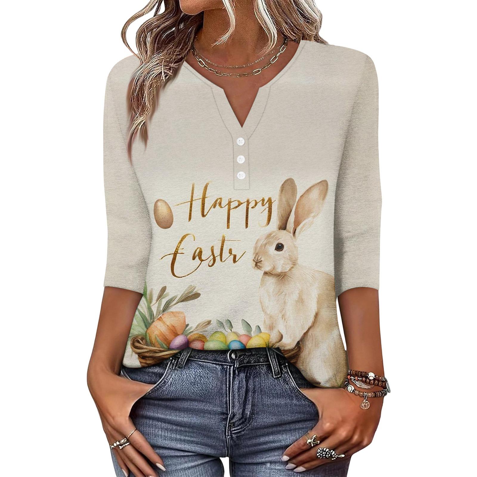 

Женская модная и повседневная футболка с принтом пасхального кролика и яиц, с V-образным вырезом, на пуговицах, с рукавом три четверти L бежевый