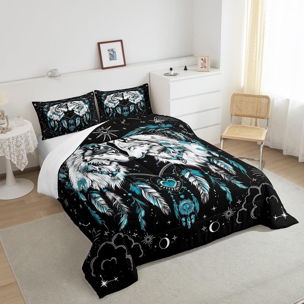 2/3pcs Wolf Kids Comforter Set King SizeStars Sun Moon Love Heart Dreamcatcher Romantic Boho Bedding SetBoys Girls Room Decor
