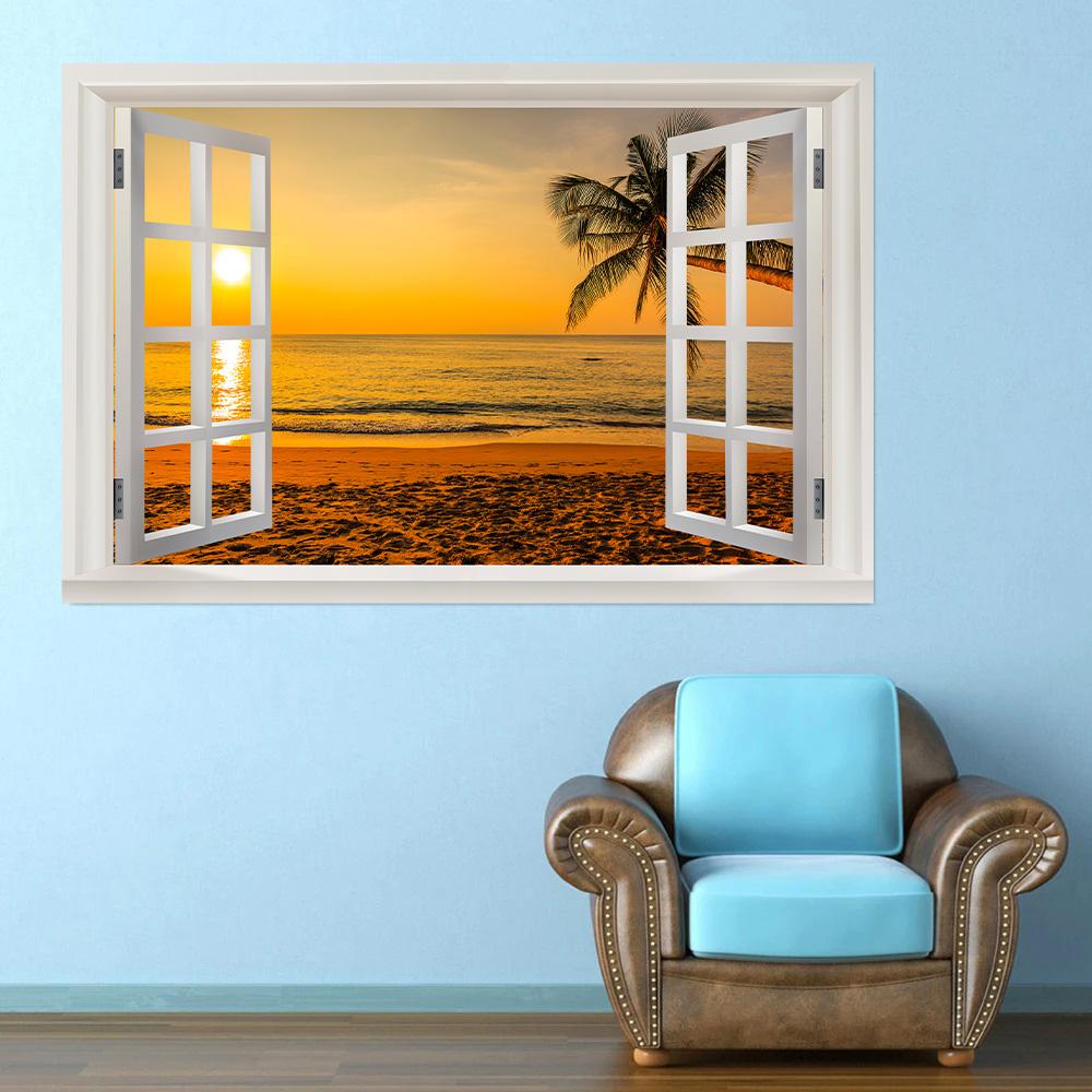 3D Window View Wall Art Beach Summer Beach Coconut Tree Wall Murals Print Art Canvas Poster For Living Room Pictur