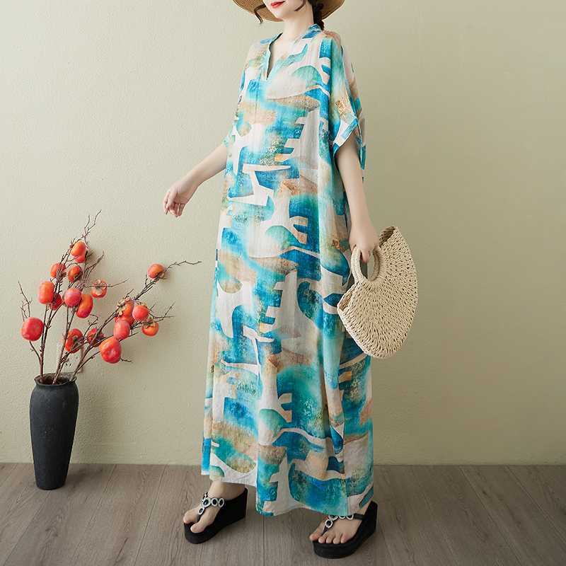 Women's Vintage Long Dress with Cotton and Linen Patterns