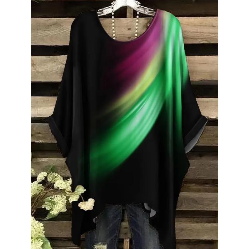 Vintage Women's T-Shirt Color Gradient Print Elegant Asymmetrical Hem O-Neck Short Sleeve Top Casual Fashion Street Outdoor Tops