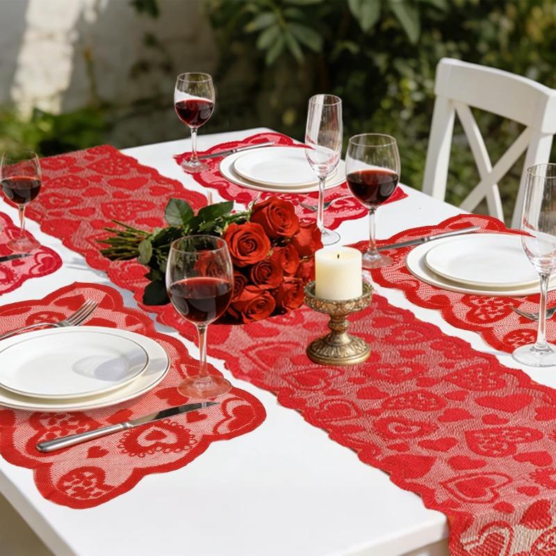 Valentine's Day Table Runner Placemat - Heart Lace Table Cloth Heat Insulation Pad for Romantic Holiday Party Dining Table