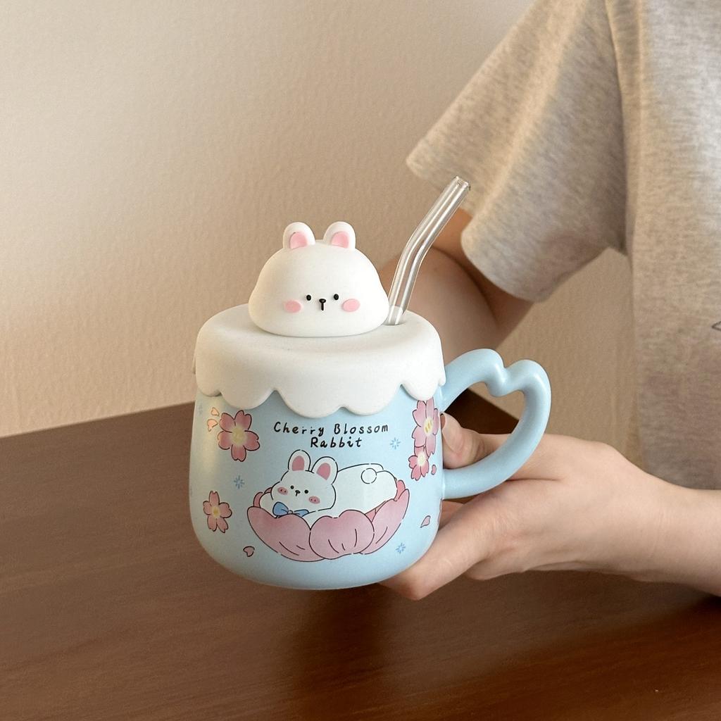 Rabbit Straw Mug with Lid Fairy Cup Cute Office Home Bestie Ceramic Water Cup Birthday Gift