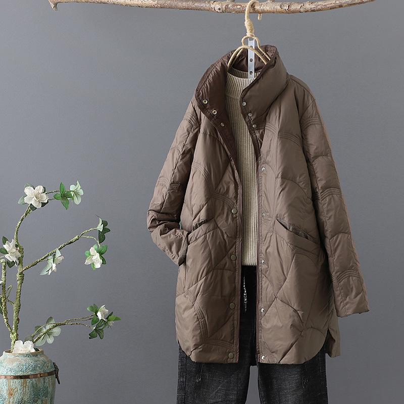 Retro literature and art medium and long stand-up collar down jacket women's winter loose and thin embossed white duck down casual jacket