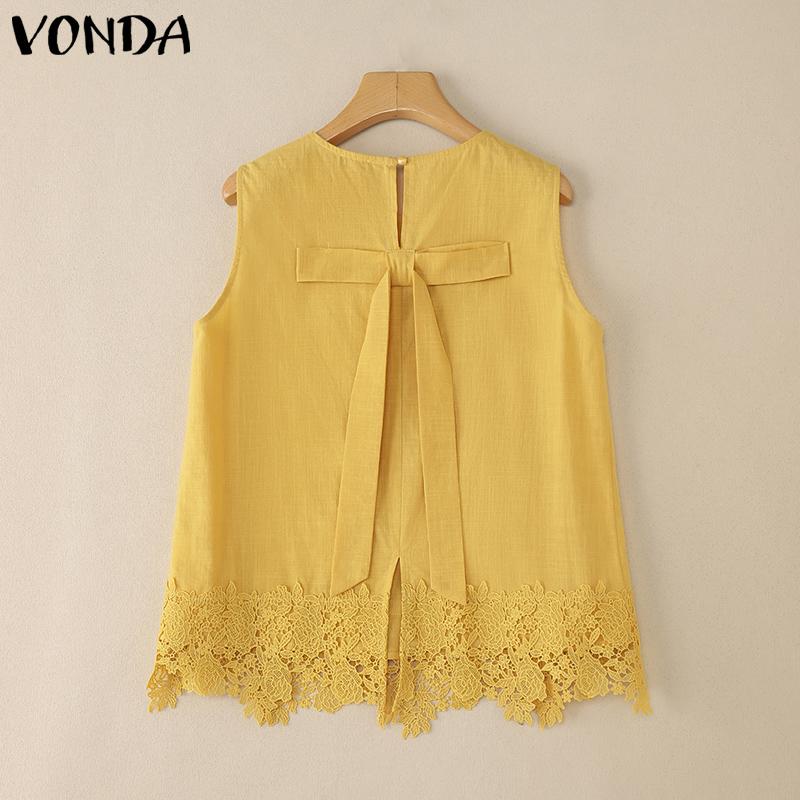 VONDA Women O Neck Sleeveless Back Bow Lace Crochet Patchwork Casual Tank Tops