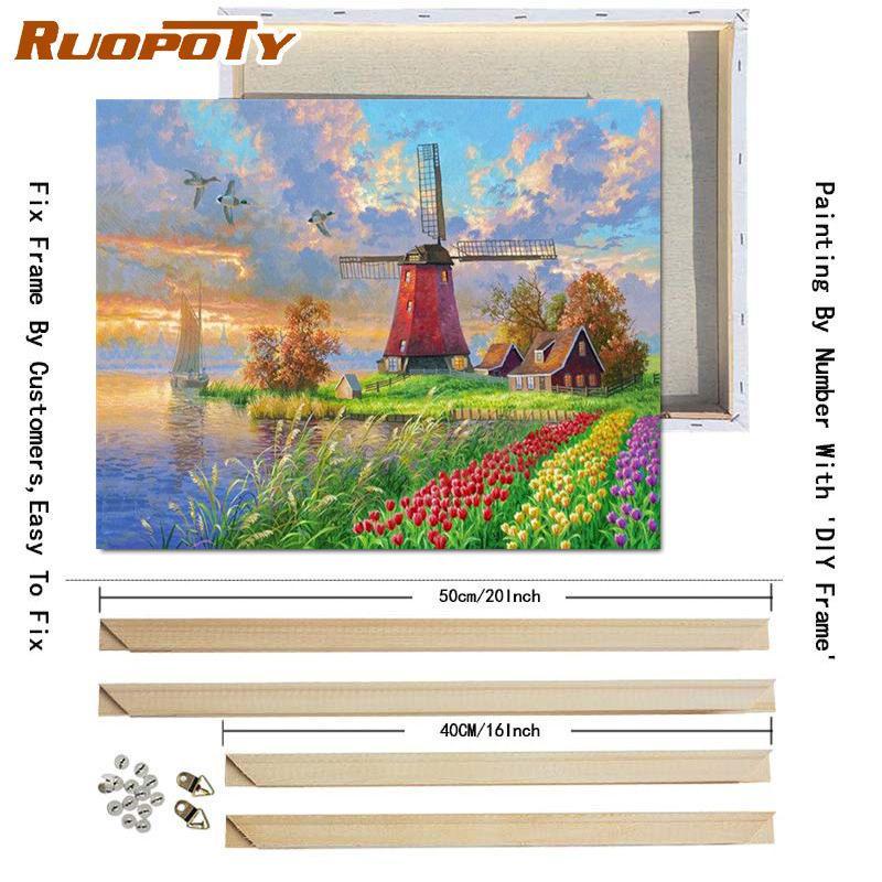 RUOPOTY Oil Painting By Numbers Lake Landscape Handpainted Unique Gift Pictures By Numbers Pavilion Spring For Adults Home Decor