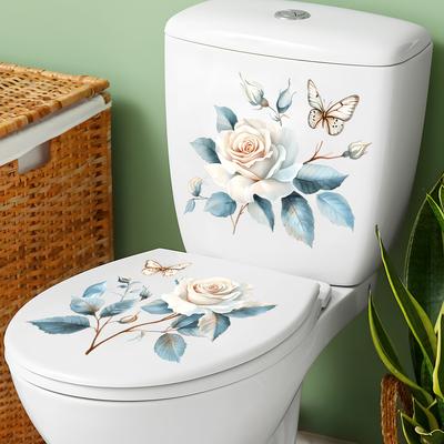 Playful Floral and Butterfly Toilet Seat Sticker Waterproof Self-Adhesive Removable Decal for Bathroom WC Decoration