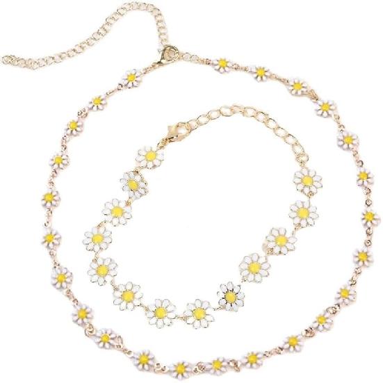 Pingyongchang Daisy Flower Necklace and Bracelet Set for Women - Bohemian Enamel Choker, Handmade Gold Spring Sunflower Jewelry for Party and Beach